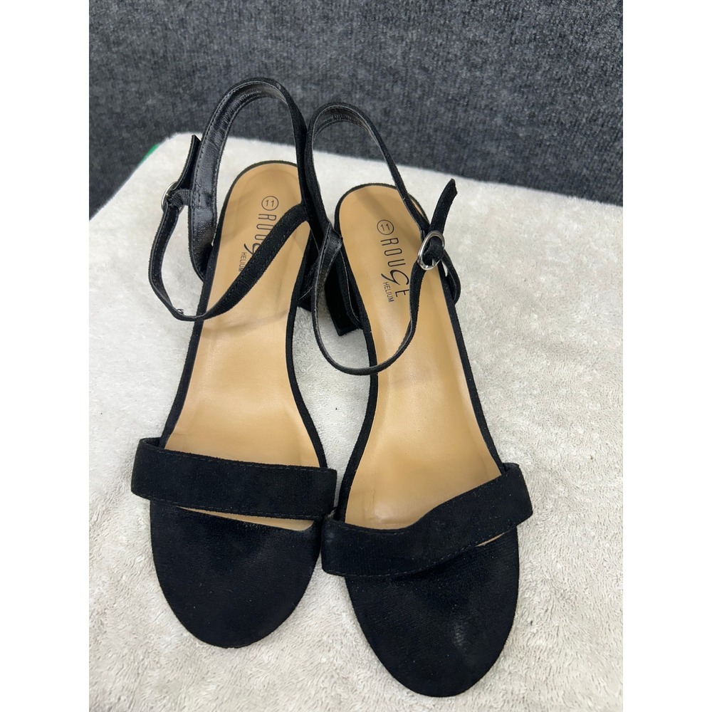 Rouge Helium Black Faux Suede Block Heel Sandals Size 11 Ankle Strap Open Toe